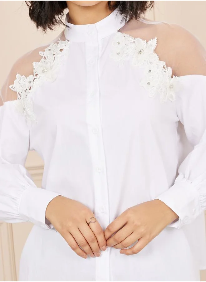 Styli Floral Applique Mesh Insert Mandarin Collar Blouse