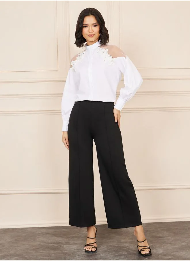 Styli Floral Applique Mesh Insert Mandarin Collar Blouse