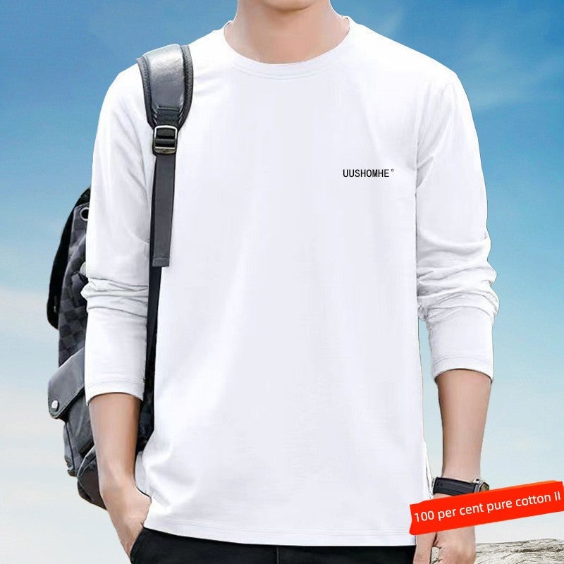 100% pure cotton long-sleeved men's spring and autumn thin casual sports versatile trendy plus-size top cotton round-neck base shirt - Image 1