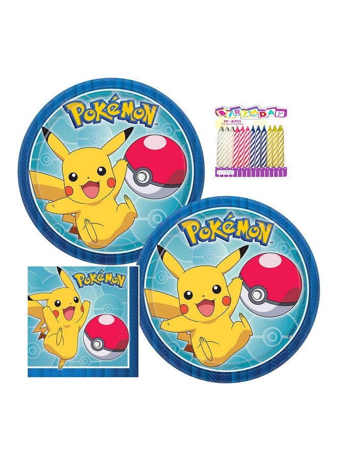 Pokemon Pokémon Party Supplies Pack Serves 16: 7" Plates and Beverage Napkins with Birthday Candles (Bundle for16)  - Image 1