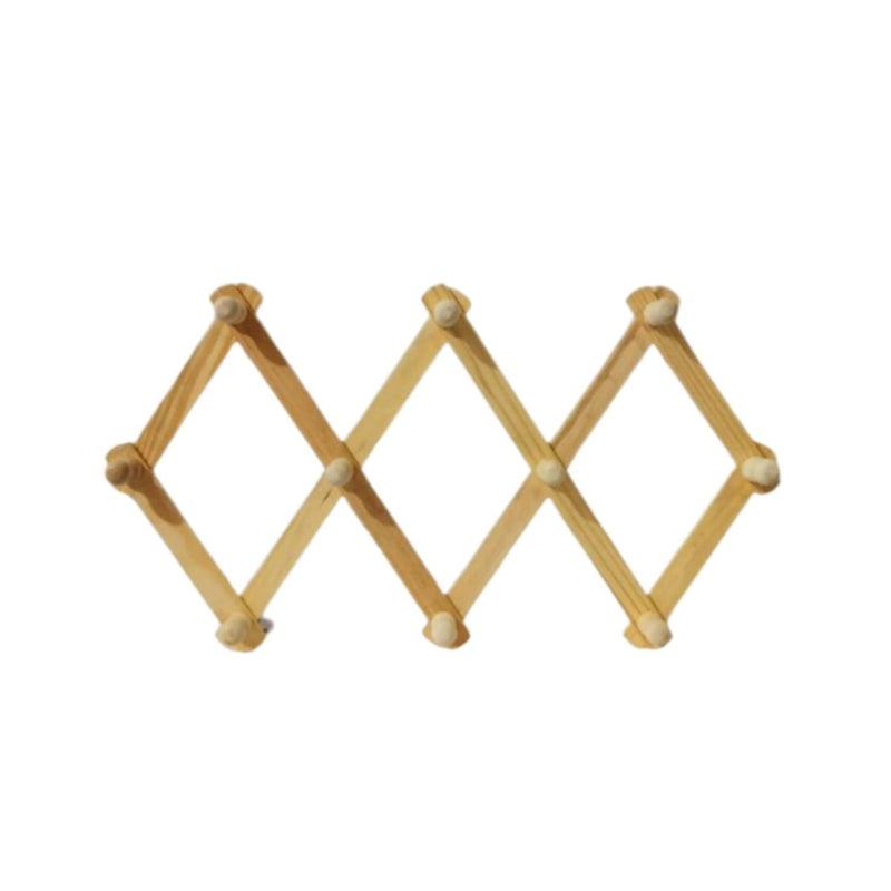 Wooden Expandable Rack WallMounted Diamond Pattern with 10 Pegs Multipurpose UseDecorattive HomeKitchen LivingRoom Bathroom Natural wood - Image 1