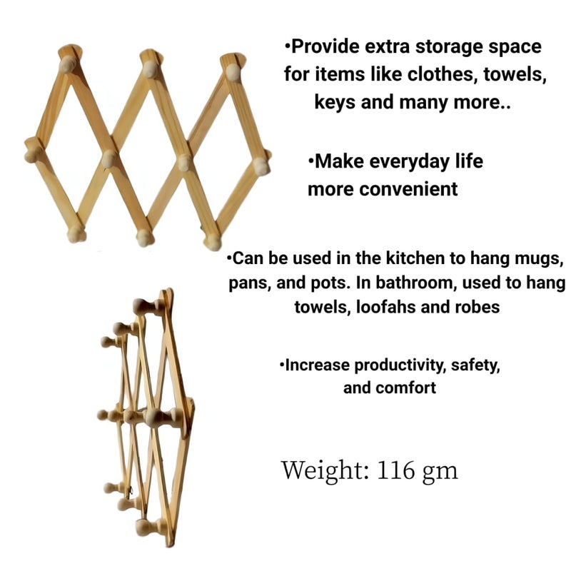 Wooden Expandable Rack WallMounted Diamond Pattern with 10 Pegs Multipurpose UseDecorattive HomeKitchen LivingRoom Bathroom Natural wood - Image 5