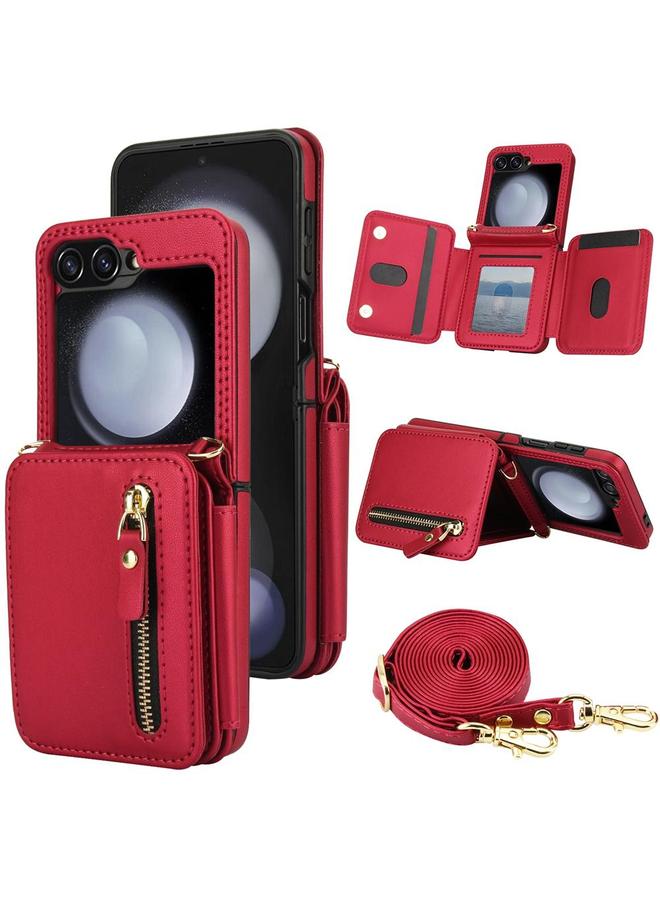 erorex Case For Samsung Galaxy Z Flip5 Crossbody Zipper Dual Buckle Card Bag Folding Phone Case - Image 1