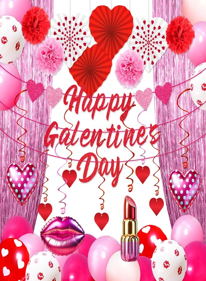 Moon Boat Galentines Day Party Balloons Decorations: Happy Galentine's Decor Heart Banners Hanging Swirls Paper Fans Tinsel Curtain Pom Poms Balloon Garland Arch Kit Party Supplies for the Home - Image 1