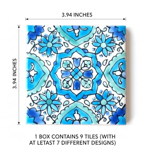 DYARI Set of 9 Decorative Ceramic Tiles – Hand Painted Indoor & Outdoor – Artisan Top Kitchen – Mediterranean Decorative 4x4 / One Tile Durable Colorful (Turquoise & Blue, 9 Tiles (1 Sq Ft)) - Image 2