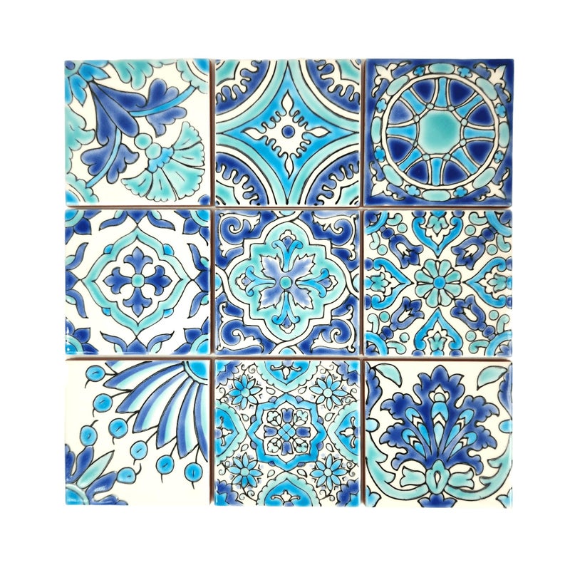 DYARI Set of 9 Decorative Ceramic Tiles – Hand Painted Indoor & Outdoor – Artisan Top Kitchen – Mediterranean Decorative 4x4 / One Tile Durable Colorful (Turquoise & Blue, 9 Tiles (1 Sq Ft)) - Image 4