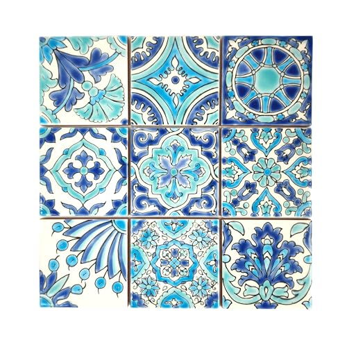 DYARI Set of 9 Decorative Ceramic Tiles – Hand Painted Indoor & Outdoor – Artisan Top Kitchen – Mediterranean Decorative 4x4 / One Tile Durable Colorful (Turquoise & Blue, 9 Tiles (1 Sq Ft)) - Image 1