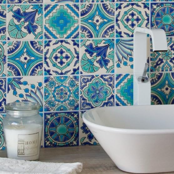 DYARI Set of 9 Decorative Ceramic Tiles – Hand Painted Indoor & Outdoor – Artisan Top Kitchen – Mediterranean Decorative 4x4 / One Tile Durable Colorful (Turquoise & Blue, 9 Tiles (1 Sq Ft)) - Image 3
