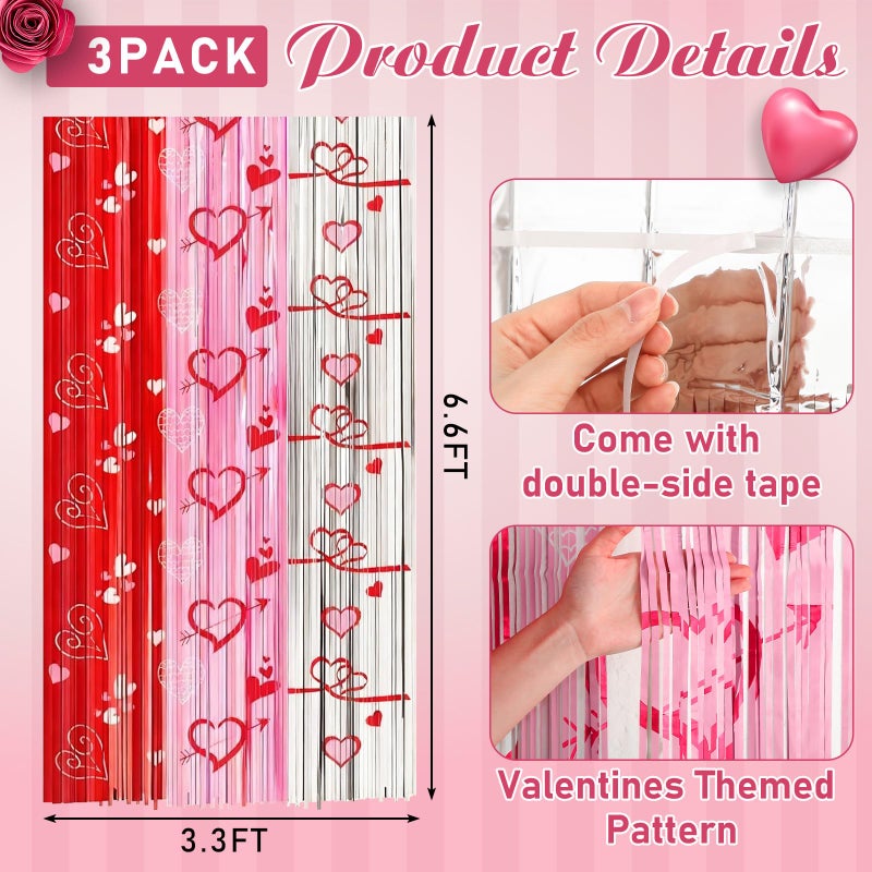 Tingjoo 3 Pcs Valentine's Day Backdrop Foil Fringe Curtains Backdrops 3.3 x 6.6 ft Red Pink Silver Tinsel Valentine Photo Backdrop Streamers Galentines Day Wedding Birthday Party Decoration - Image 2