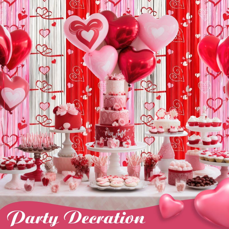 Tingjoo 3 Pcs Valentine's Day Backdrop Foil Fringe Curtains Backdrops 3.3 x 6.6 ft Red Pink Silver Tinsel Valentine Photo Backdrop Streamers Galentines Day Wedding Birthday Party Decoration - Image 3
