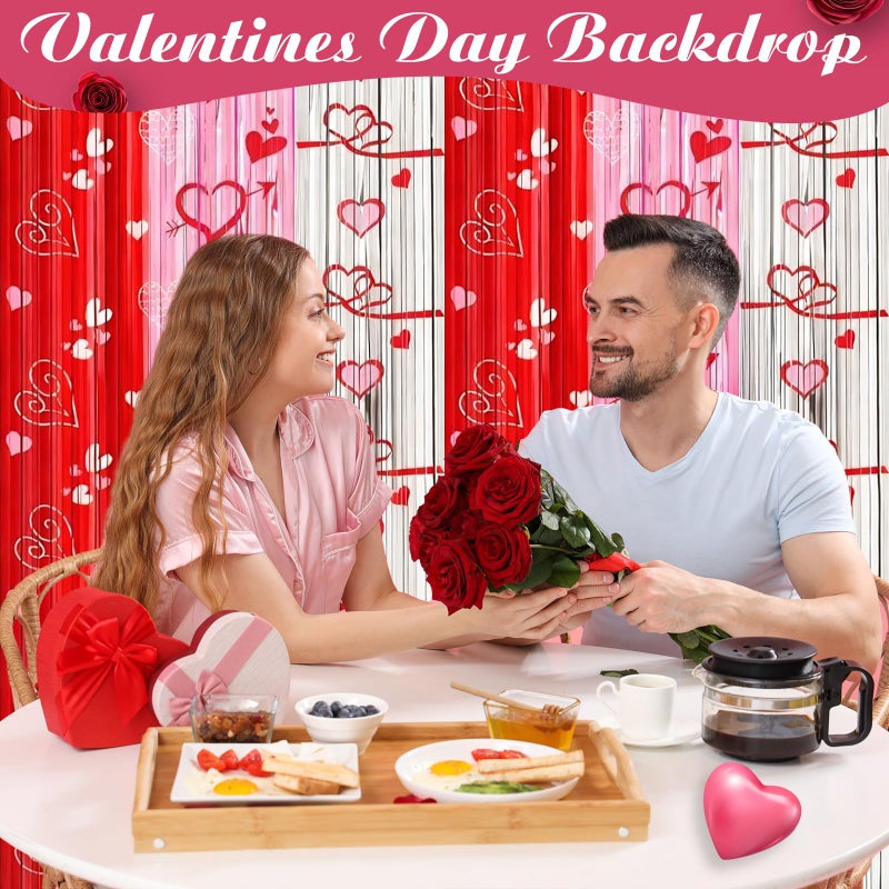 Tingjoo 3 Pcs Valentine's Day Backdrop Foil Fringe Curtains Backdrops 3.3 x 6.6 ft Red Pink Silver Tinsel Valentine Photo Backdrop Streamers Galentines Day Wedding Birthday Party Decoration - Image 5