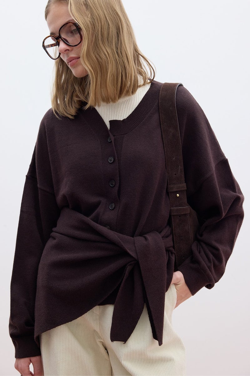 Manuka Soft Texture Oversized Knit Cardigan Brown  - Image 4