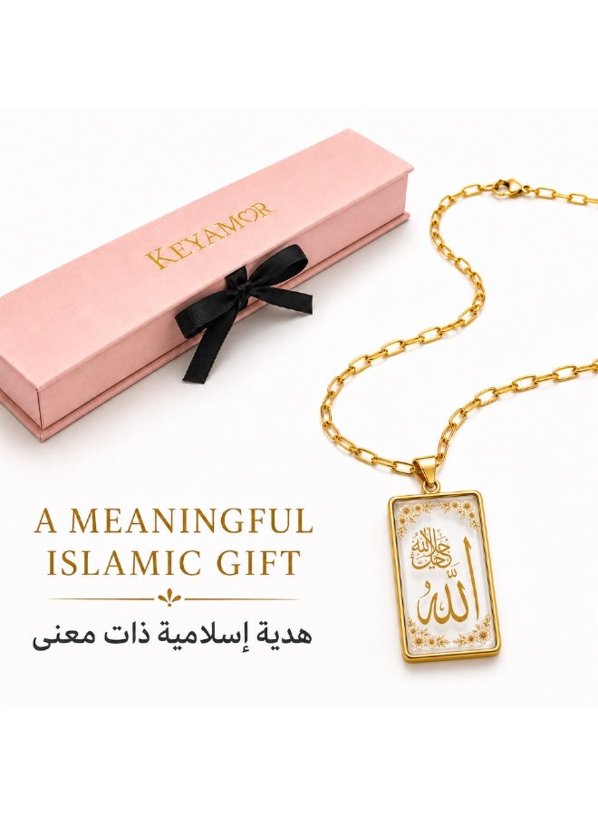 KeyAmor Gold Stainless Steel Allah Necklace for Women with Handmade Resin Rectangular Arabic Calligraphy Pendant Muslim Gift - Image 1