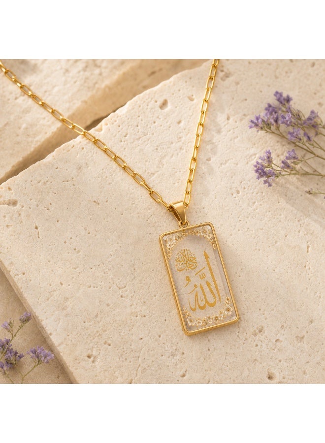 KeyAmor Gold Stainless Steel Allah Necklace for Women with Handmade Resin Rectangular Arabic Calligraphy Pendant Muslim Gift - Image 3