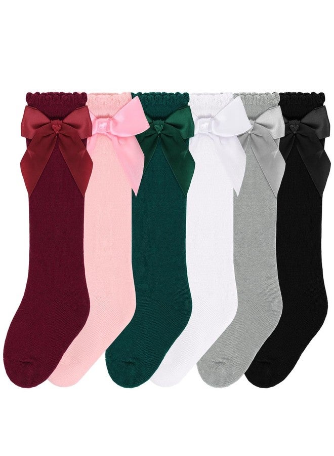 Sucrain 6 Pairs Baby Girl Knee High Socks Cotton Bow Dress Stockings Tube Ruffled Knit Socks for Newborn Infant Toddler (US, Alpha, Small, 1-12Months, black+dark green+light gray+white+pink+burgundy) - Image 1