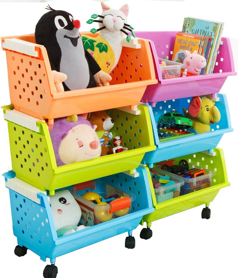 MAGDESIGNER Kids Toys Chest Large Baskets Storage Bins Organizer with Wheels Can Move Everywhere NaturalPrimary Primary Collection 6 Baskets Choose