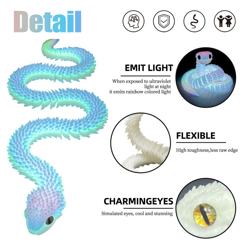 Binvin 202 Inch 3D Printed Snake Toys3D Printed Animals3D Printed Toys3D Print Articulated Viper Collectible for Home Office Executive Desk Decoration Rainbow - Image 5