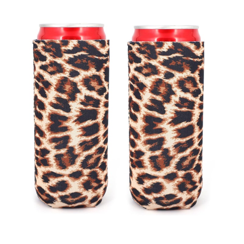 Neoprene Slim Beer Can Cooler Tall Stubby Holder Foldable Stubby Holders Beer Cooler Bags Fits 12oz Slim Energy Drink Beer Leopard2Pack