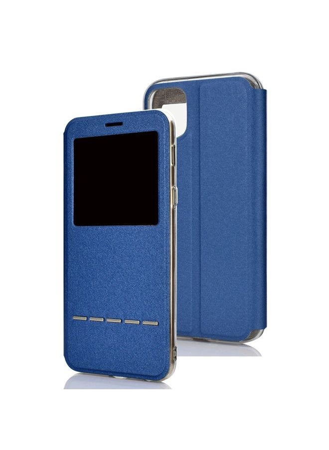 Generic - Case Cover For iPhone 11 Pro Max Matte Texture Horizontal Flip Bracket Mobile Phone Holster Window with Caller ID and Metal Button Slide To Unlock Blue - Image 1
