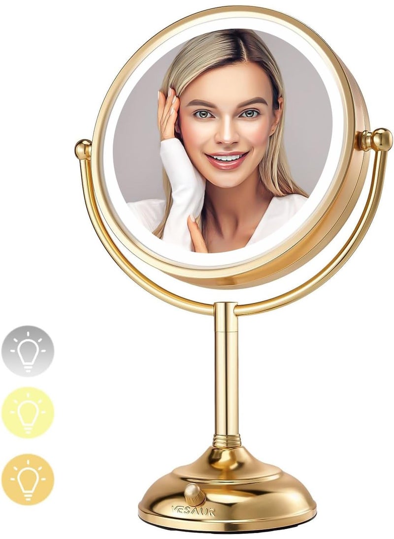 VESAUR VESAUR 8.5'' Large Gold Lighted Makeup Mirror, 1X/10X HD Undistorted Magnifying Vanity Mirror with 3 Color Dimmable Lights, 360°Swivel 2-Sided Seamless Make Up Mirror, Premium Nickel Gift, Bright Gold 
