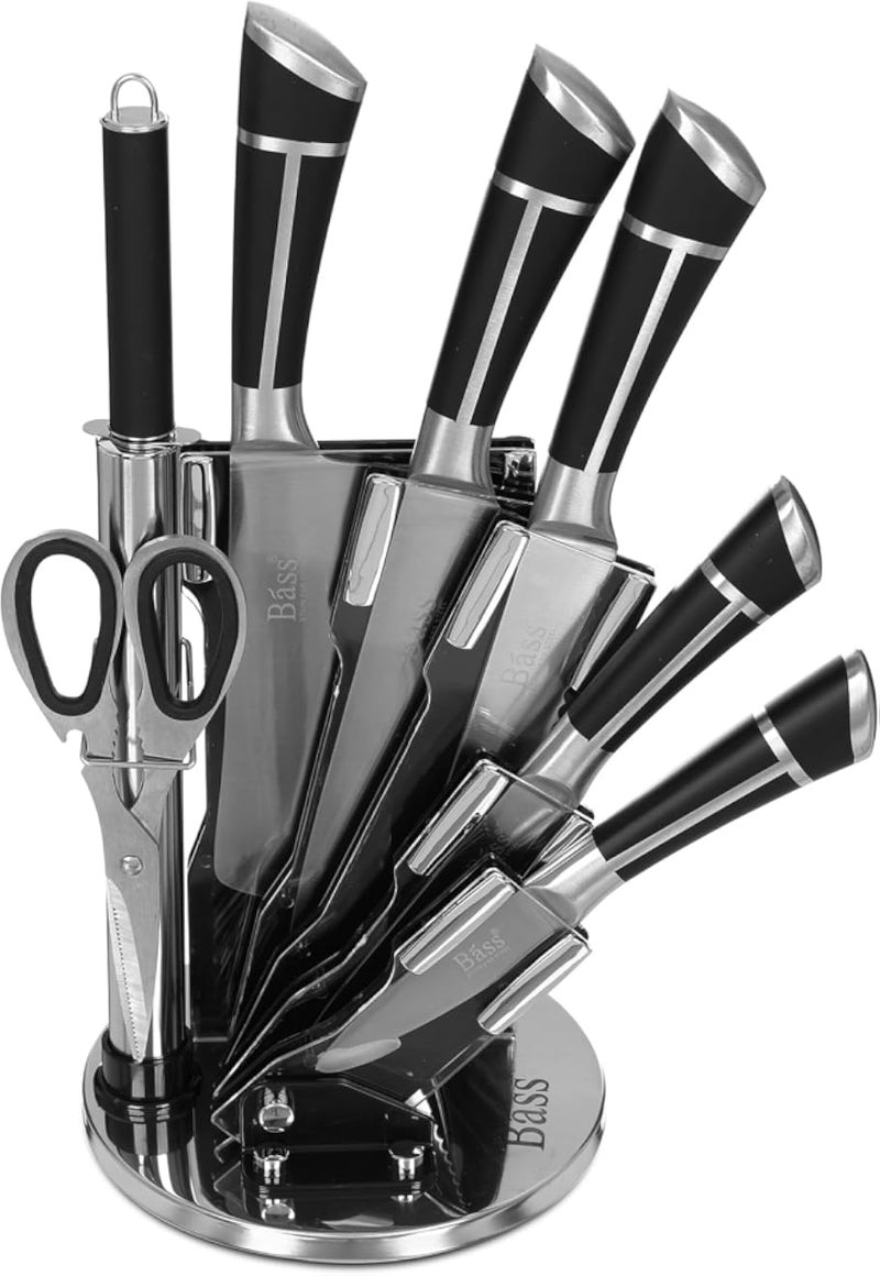 Bass Knife Block Set, 7 Pieces with Stand, Black with Silver T Line Handle, Stainless Steel, Black-Silver