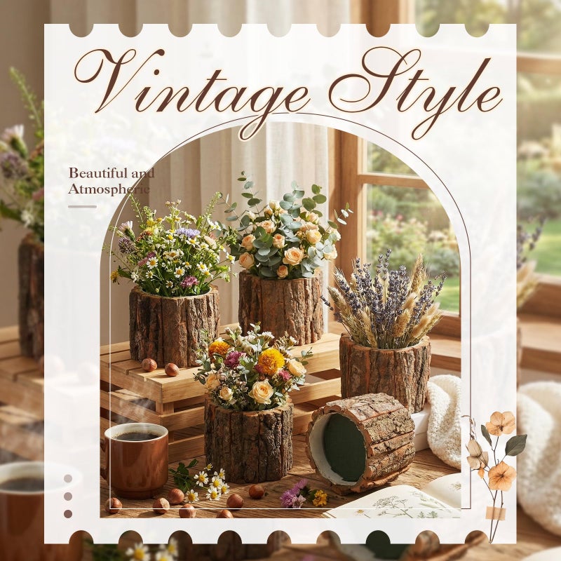 RimCereal 12 Set Wooden Vase for Centerpieces Wedding Flower Table Centerpieces Decor Rustic Bark Stump Bucket Farmhouse Wood Planter Pot for Woodland Party Window Home (Flower Foam,Medium) - Image 3