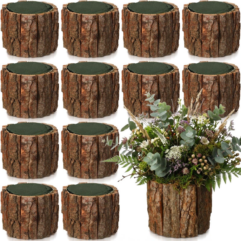 RimCereal 12 Set Wooden Vase for Centerpieces Wedding Flower Table Centerpieces Decor Rustic Bark Stump Bucket Farmhouse Wood Planter Pot for Woodland Party Window Home (Flower Foam,Medium) - Image 1