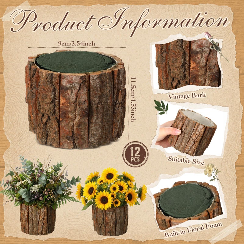 RimCereal 12 Set Wooden Vase for Centerpieces Wedding Flower Table Centerpieces Decor Rustic Bark Stump Bucket Farmhouse Wood Planter Pot for Woodland Party Window Home (Flower Foam,Medium) - Image 2