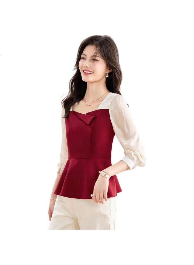 She Enjoys Long-Sleeve Blouses For Women, New Year Battle Robes, French Square Collar Shirts, Color-Block Elegant Tops, Slimming Tops T143C2013 - Image 1