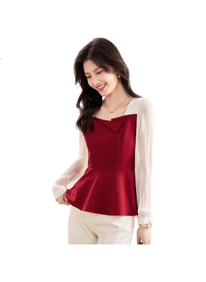 She Enjoys Long-Sleeve Blouses For Women, New Year Battle Robes, French Square Collar Shirts, Color-Block Elegant Tops, Slimming Tops T143C2013 - Image 2