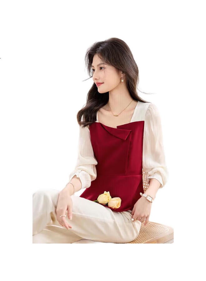 She Enjoys Long-Sleeve Blouses For Women, New Year Battle Robes, French Square Collar Shirts, Color-Block Elegant Tops, Slimming Tops T143C2013 - Image 3