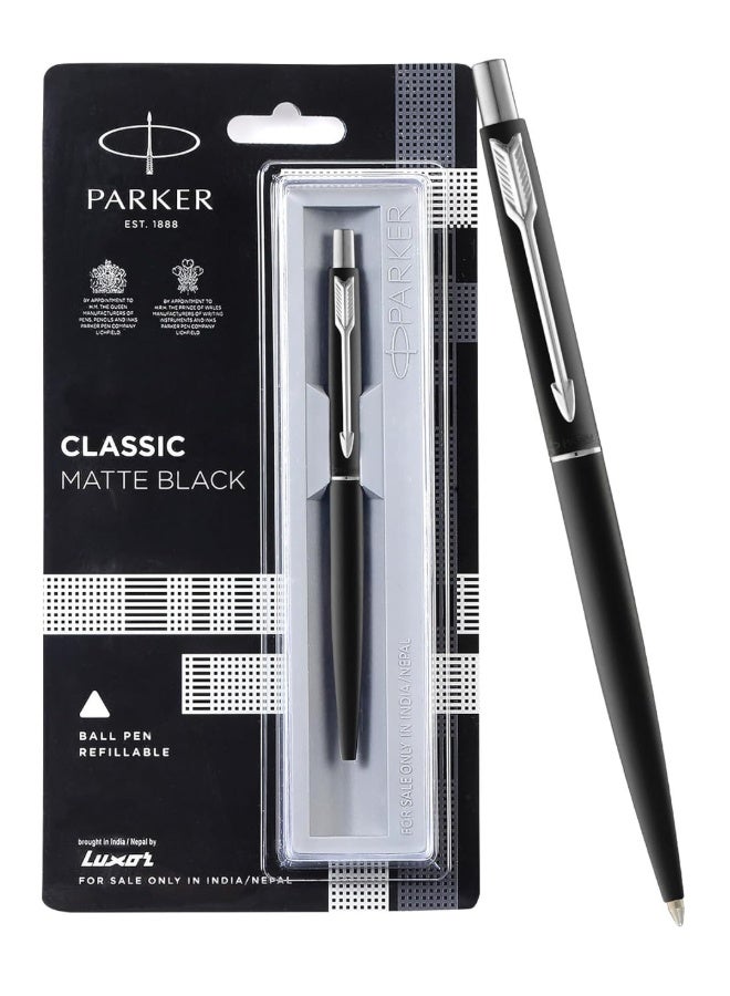 Parker Classic Matte Black Ball Pen with Chrome Trim, Blue Ink, Premium Professional Writing Pen for Office, Business and Corporate Use - Image 1