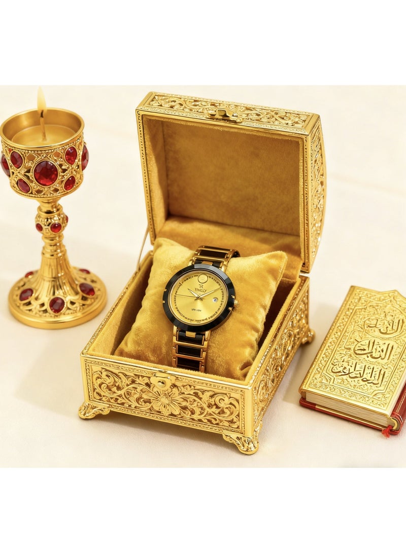 tr أمطار في الوقت المناسب ساعة رجالية ميكانيكية مزودة بتقويم، تتميز بمزيج من السيراميك والذهب والفولاذ المقاوم للصدأ الأسود ومينا أسود - Image 2