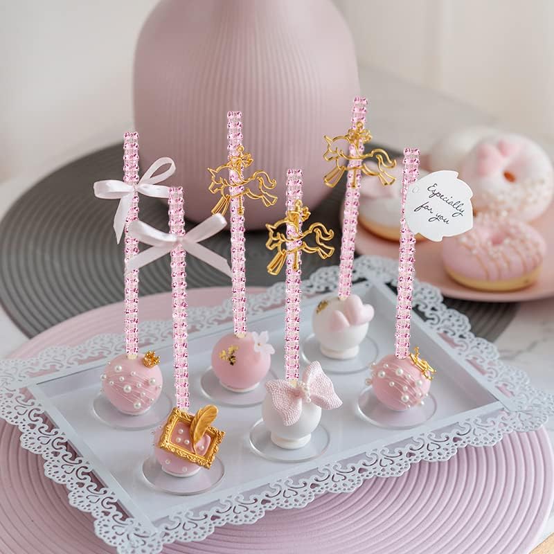 MGWOTH 32 PCS Bling Candy Apple Bamboo Sticks,Caramel Apple Wooden Pointed Skewers with Rhinestones Diamond Mesh Wrap,Fruit Treats Pop Dec Bar for Dessert Table Tea Party Birthday Wedding Christmas (Pink) - Image 5