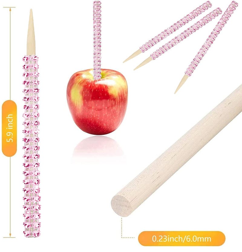 MGWOTH 32 PCS Bling Candy Apple Bamboo Sticks,Caramel Apple Wooden Pointed Skewers with Rhinestones Diamond Mesh Wrap,Fruit Treats Pop Dec Bar for Dessert Table Tea Party Birthday Wedding Christmas (Pink) - Image 4