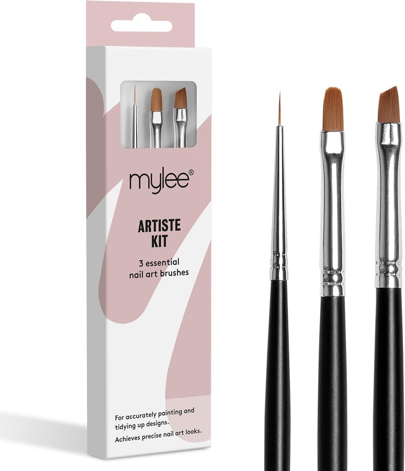 Mylee Artiste Nail Brush Kit 3x Brushes Design for Gel Nail Art Polish Application Oval Angled Fine Professional Quality Manicure Painting Tool Liner Drawing Pen for Home Salon Use