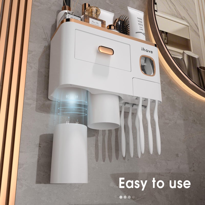 iHave Toothbrush Holders Wall Mounted with Toothpaste Dispenser & 2 Cups - Premium White and Gold Design for Bathroom Decor, All-in-One Bathroom Organizers & Storage for Toothbrushes and Accessories - Image 3