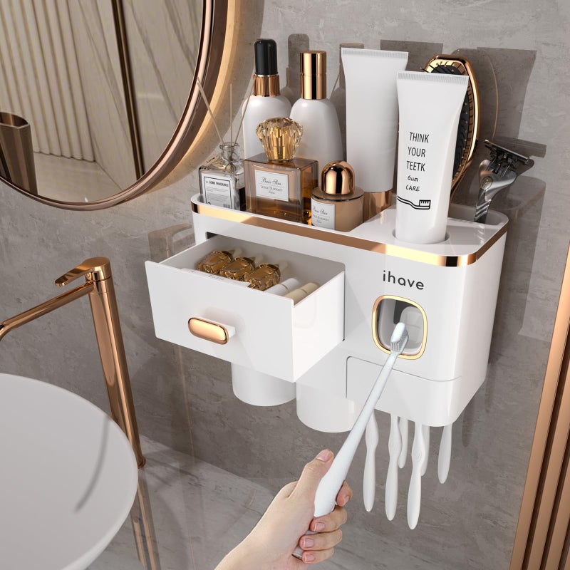 iHave Toothbrush Holders Wall Mounted with Toothpaste Dispenser & 2 Cups - Premium White and Gold Design for Bathroom Decor, All-in-One Bathroom Organizers & Storage for Toothbrushes and Accessories - Image 1