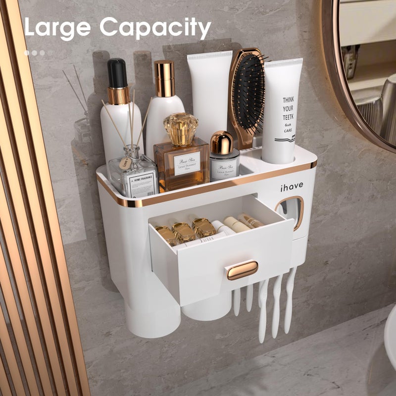 iHave Toothbrush Holders Wall Mounted with Toothpaste Dispenser & 2 Cups - Premium White and Gold Design for Bathroom Decor, All-in-One Bathroom Organizers & Storage for Toothbrushes and Accessories - Image 2