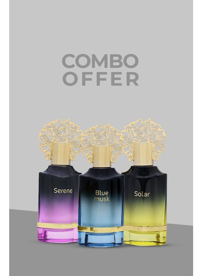 Special Fragrance Combo for Men & Women – Blue Musk 55ml, Serene 55ml & Solar 55ml – Pack of 3 Fragrance