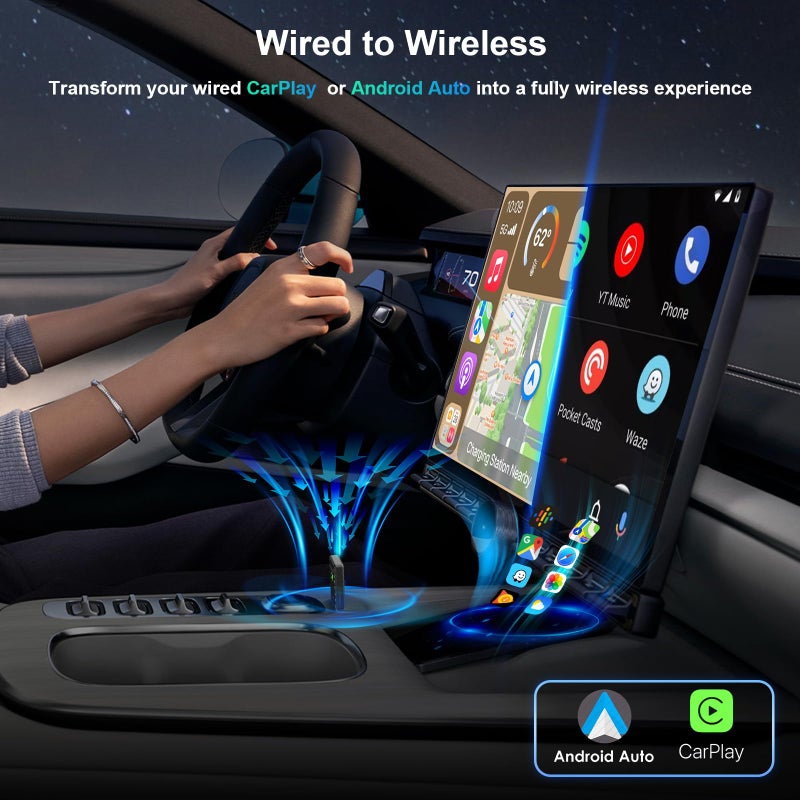 PWAYTEK Wireless CarPlay and Android Auto Adapter, 2-in-1 Mini USB Dongle, Convert Wired CarPlay to Wireless, Fast & Stable Connection for iPhone iOS 10+ and Android 11+ - Image 2