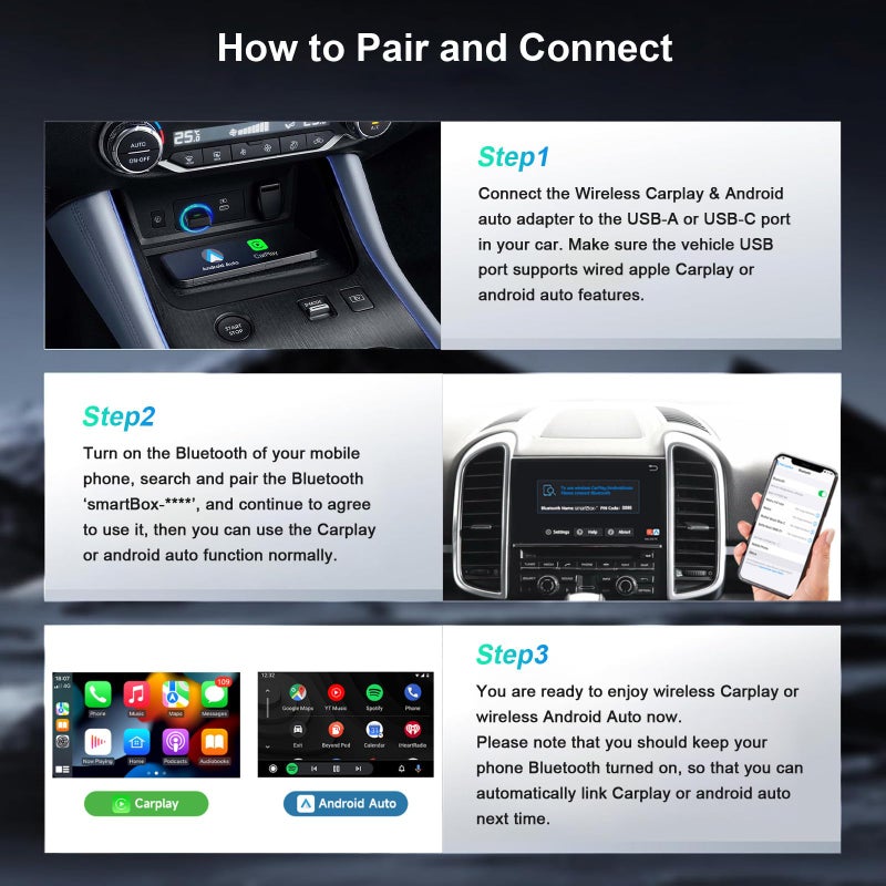PWAYTEK Wireless CarPlay and Android Auto Adapter, 2-in-1 Mini USB Dongle, Convert Wired CarPlay to Wireless, Fast & Stable Connection for iPhone iOS 10+ and Android 11+ - Image 5