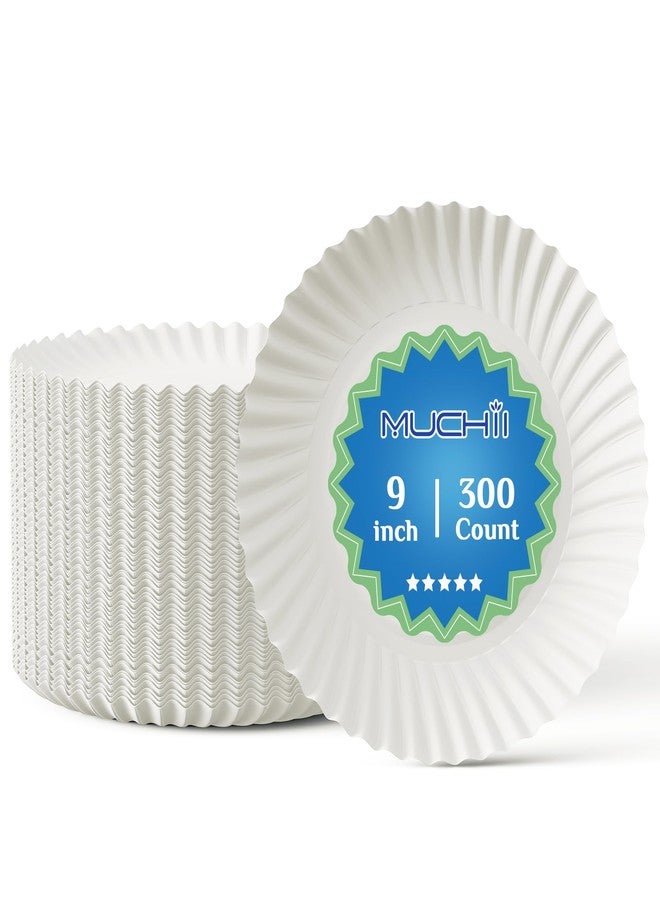 MUCHII 300 Count 9 Inch Paper Plates, Disposable Dinner Plates Bulk, White Plate Uncoated for Parties, Catering, Picnics, and DIY - Image 1