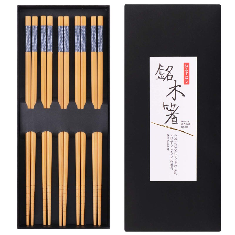 GLAMFIELDS Reusable Chopsticks Japanese Natural Bamboo Classic Style 5 Pairs Lightweight Safe Chop Sticks 88 Inch225cm Gift Set