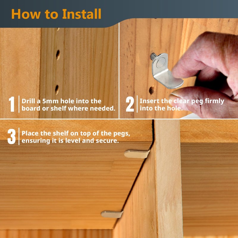 POWERTEC QP1302 5mm Shelf Pegs 50 pcs, L-Shaped Bracket Shelf Pins Support Pegs for Shelves, Kitchen Cabinet Shelf, Bookshelf, Closet and Furniture, Nickel Plated Shelf Holders Pegs - Image 4