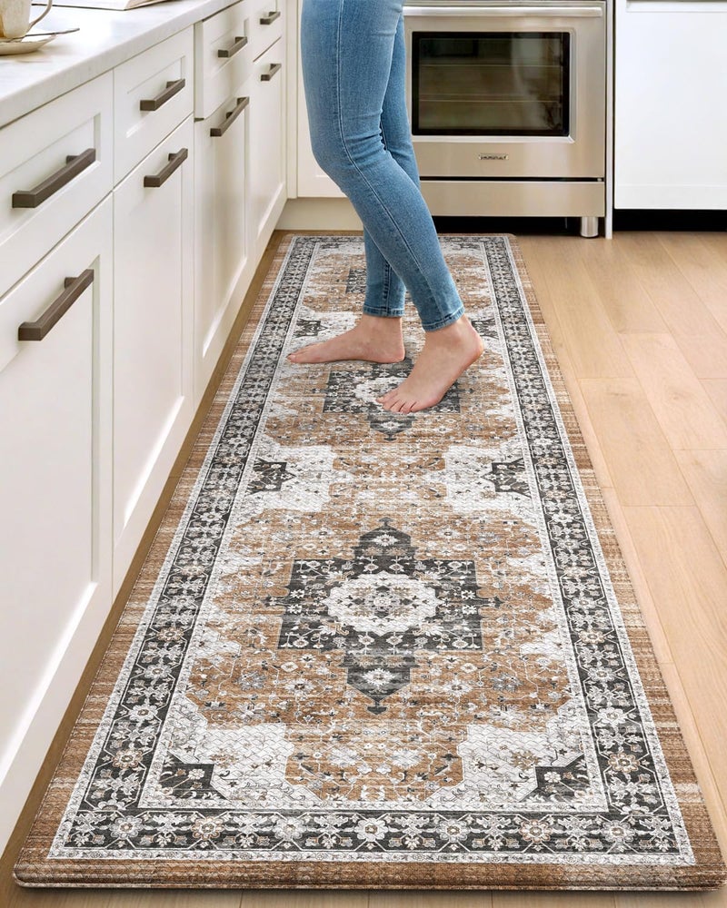 DEXI Kitchen Floor Mats Cushioned Anti Fatigue, 23x86 Long Rubber Standing Comfort Runner Rug, Waterproof Retro Floral Memory Foam Padded for Front Sink Laundry, Black/Brown - Image 1