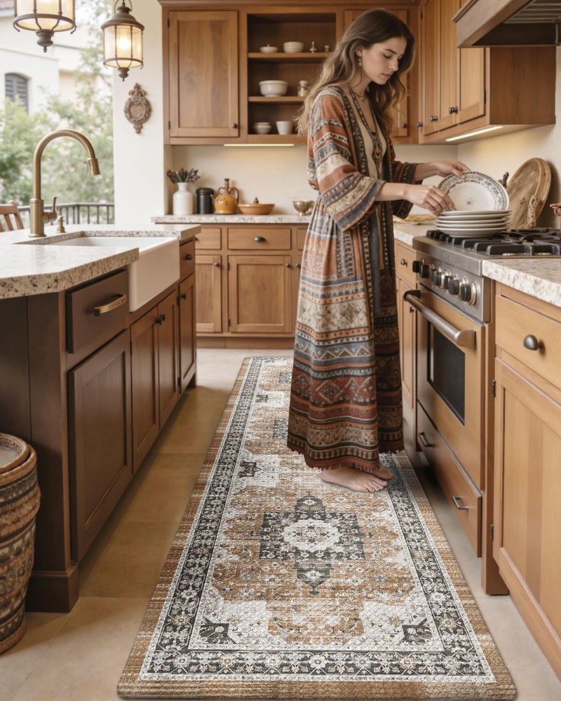 DEXI Kitchen Floor Mats Cushioned Anti Fatigue, 23x86 Long Rubber Standing Comfort Runner Rug, Waterproof Retro Floral Memory Foam Padded for Front Sink Laundry, Black/Brown - Image 3