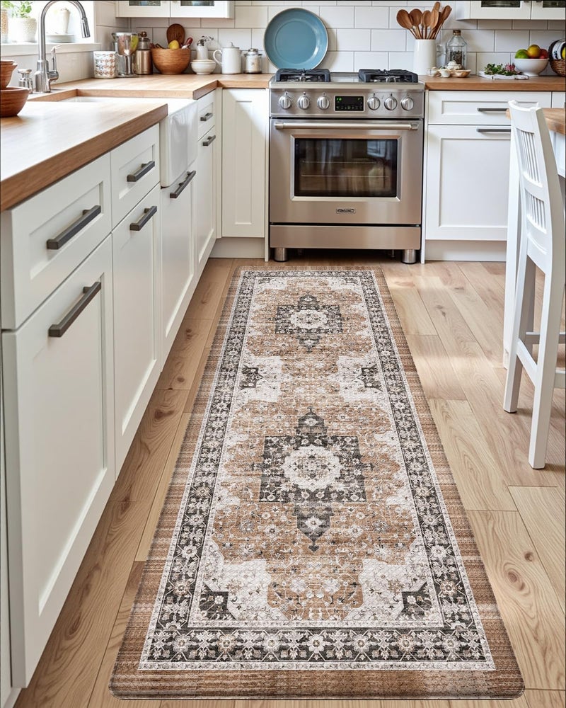 DEXI Kitchen Floor Mats Cushioned Anti Fatigue, 23x86 Long Rubber Standing Comfort Runner Rug, Waterproof Retro Floral Memory Foam Padded for Front Sink Laundry, Black/Brown - Image 5