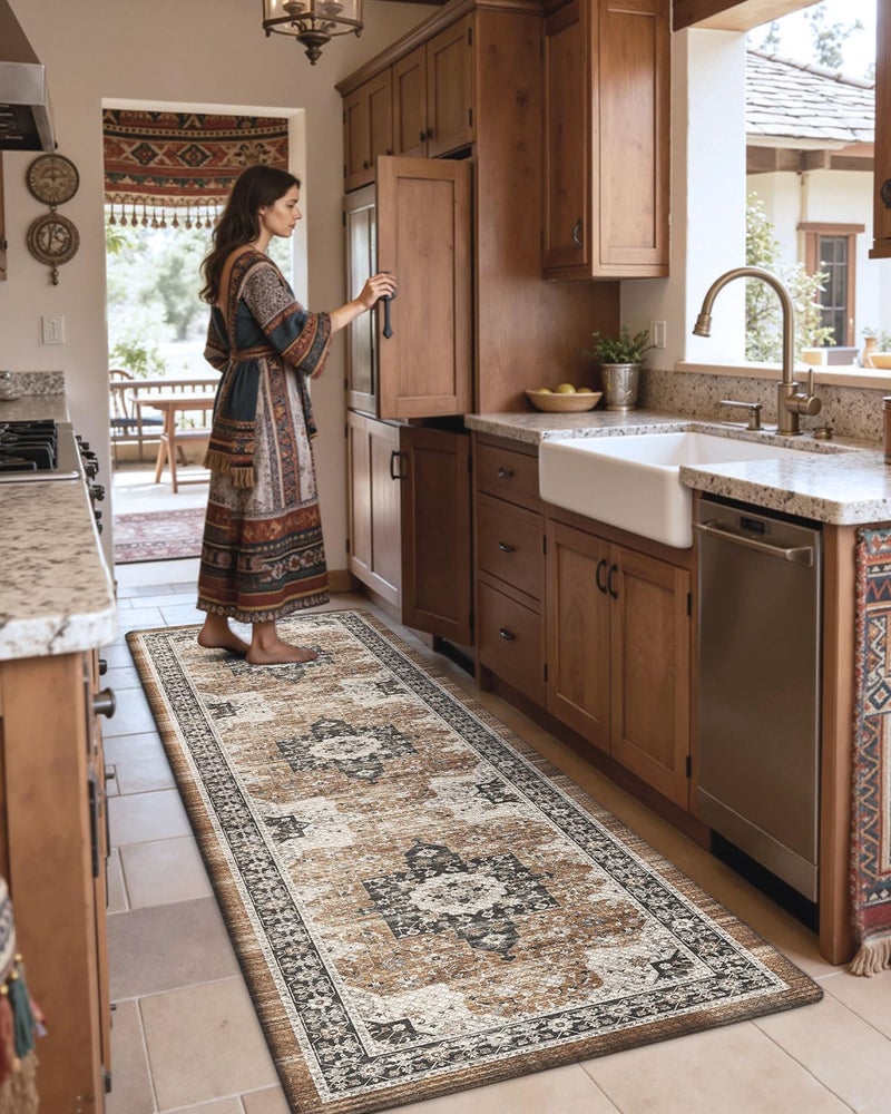 DEXI Kitchen Floor Mats Cushioned Anti Fatigue, 23x86 Long Rubber Standing Comfort Runner Rug, Waterproof Retro Floral Memory Foam Padded for Front Sink Laundry, Black/Brown - Image 4