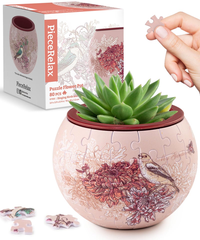 PieceRelax 3D Puzzle Planter - Singing Birds and Flowers - Danish Folklore Style, Home Decor Flower Pots for Indoor Cactus, Succulents Pots [K1100] - Image 1